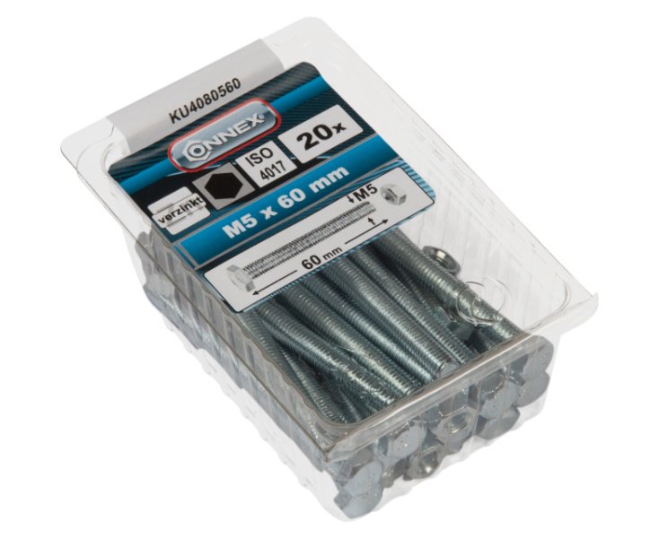 HEXAGONAL HEAD SCREW W / ZINC NUT. M5x60 BLISTER 20UD