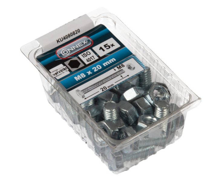 HEXAGONAL HEAD SCREW W / ZINC NUT. M8x20 BLISTER 15UD